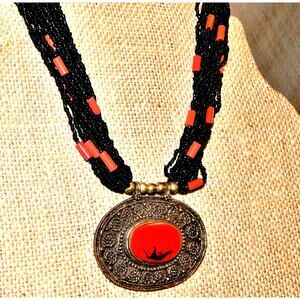 BoHo Bold Red & Brass Beaded Necklace